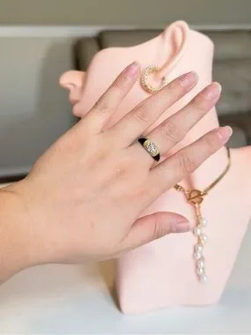 Elegant Black and Gold With Crystals Accent Ring